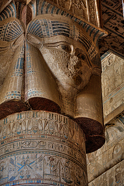 Sculptured Head of Hathor, The Great Columns, Vestibule, Temple of Hathor, Dendera, Qena, Egypt, North Africa, Africa