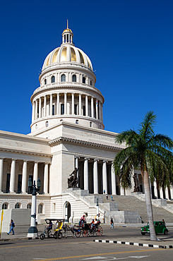 Horsecart, Vintage Car, Pedi-Cab (all foreground), National Capitol Building, Havana, Cuba