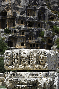 Lycian Rock Sculpture (foreground), Lycian Rock Tombs, 4th Century BC, Myra Ancient City, Demre, Antalya, Turkey