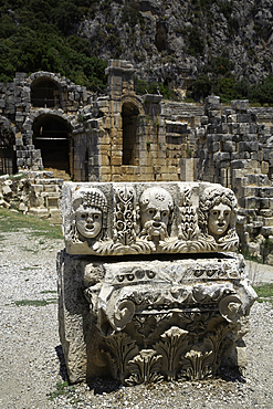 Lycian Rock Sculpture, 4th Century BC (foreground), Roman Theater, 3rd Century CE, (background), Myra Ancient City, Demre, Antalya, Turkey