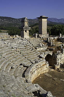 Lycian Pillar Tomb (left) & Harpy Monument, Xanthos Archaeological Site, Originally Founded 8th Century BC, UNESCO World Heritage Site, Near Kalkan, Antalya, Turkey