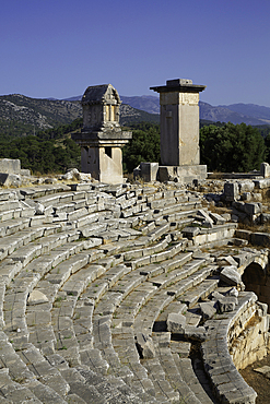 Lycian Pillar Tomb (left) & Harpy Monument, Xanthos Archaeological Site, Originally Founded 8th Century BC, UNESCO World Heritage Site, Near Kalkan, Antalya, Turkey