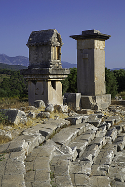 Lycian Pillar Tomb (left) & Harpy Monument, Xanthos Archaeological Site, Originally Founded 8th Century BC, UNESCO World Heritage Site, Near Kalkan, Antalya, Turkey