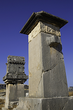 Lycian Pillar Tomb (left) & Harpy Monument, Xanthos Archaeological Site, Originally Founded 8th Century BC, UNESCO World Heritage Site, Near Kalkan, Antalya, Turkey