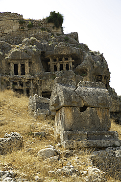Sarcophagus, 4th century BC - 3rd century AD, Rock Tombs (background), Tlos, Ancient Lycian City, Mugla Province, Turkey