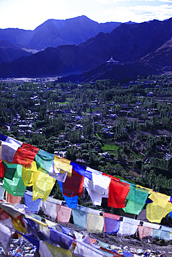 Prayer flags flying above the city of Leh, the capital of Ladakh, India