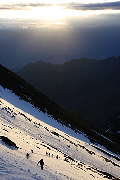 Climber on Stok Kangri peak, Zanskar Range, Ladakh, India