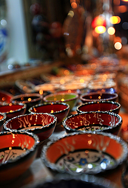 Traditional Turkish bowls on sale at a street stall in the old city of Antayla, Anatolia, Turkey, Asia Minor, Eurasia