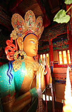 The huge 15 metre high statue of Maitreya (Chamba) Buddha (the Buddha to come), the largest effigy of Buddha in India, Thikse Gompa, near Leh, Indus Valley, Ladakh, India, Asia