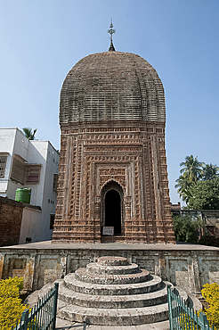 Pratapeshwar 19th century terracotta Temple, ornately carved with beautiful imagery and curvilinear roof, Kalna, West Bengal, India, Asia