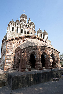 Krishnachandra temple entrance, some of the Panchabimsati (25 decorated spires) above, terracotta temples, Kalna, West Bengal, India, Asia