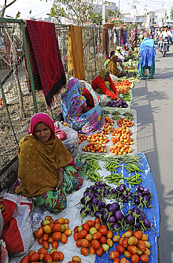 Women at village street market selling home grown vegetables laid out on sacking, Chhota Udepur, Gujarat, India, Asia