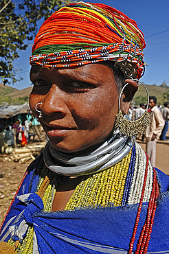 Bonda tribeswoman in traditional dress with beads and necklaces denoting her tribe, Onukudelli, Orissa, India, Asia