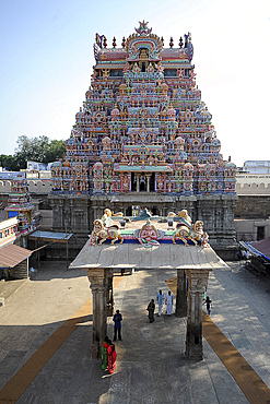 One of the ornate, carved and painted gopuram of the 11th century Brihadisvara Cholan temple, Thanjavur, Tamil Nadu, India, Asia