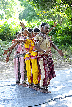 Gotipua dancers in costume, performing traditional Gotipua dance in rural village, Odisha, India, Asia