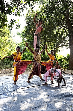 Gotipua dancers in costume, performing traditional Gotipua dance in rural village, Odisha, India, Asia