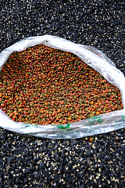 Goji berries, black and red, for sale in Shazhou street market, Dunhuang, Gansu, China, Asia