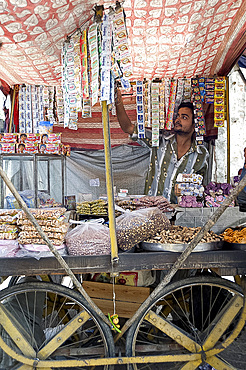 Stall holder selling gutka, namkeen snacks and bidi cigarettes, Kishangarh, Rajasthan, India, Asia