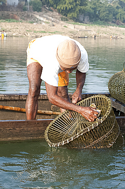 Fisherman in wooden boat, washing his coir and bamboo fishing pots, River Mahanadi, Orissa, India, Asia