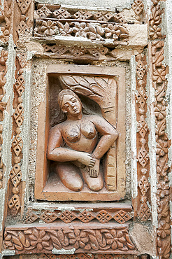 Carved rekha style facade of the 19th century Prataspeswar terracotta temple, built in 1849, in the temple complex, Kalna, West Bengal, India, Asia