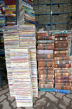 Piles of secondhand books for sale in College Street, famous for its book stalls, North Kolkata, West Bengal, India, Asia