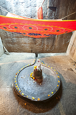 Shiva lingum and yoni, symbol of goddess Shakti, decorated with marigolds, in the Parasurameswar temple, Bhubaneshwar, Orissa, India, Asia