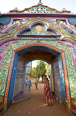 Ornately decorated entrance gateway to Joranda Hindu Mahima Dharma monastery, Joranda, Orissa, India, Asia