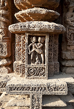 Erotic carving on the wall of the 13th century Konarak Sun temple, built as the chariot of Surya the Sun god, UNESCO World Heritage Site, Konarak, Orissa, India, Asia