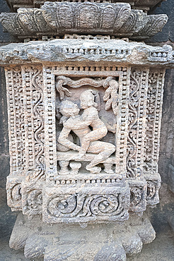 Erotic carving on the 13th century Konarak Sun temple, built as the chariot of Surya the Sun god, UNESCO World Heritage Site, Konarak, Orissa, India, Asia