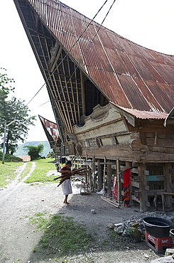 Batak woman carrying skeins of yarn to the looms under her traditional Batak house, Buhit, Samosir Island, Lake Toba, Sumatra, Indonesia, Southeast Asia, Asia