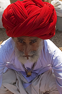 Man with red turban and village jewellery waiting for village jeep, Palanpur district, Gujarat, India, Asia