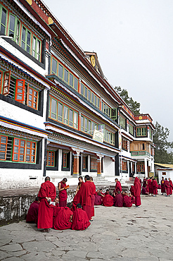 Buddhist monks gathering in debating groups in front of Tawang Buddhist monastery, the largest in India, Arunachal Pradesh, India, Asia