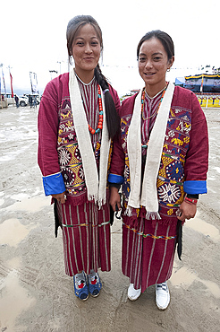 Sisters wearing Momba tribal dress, Tawang, Arunachal Pradesh, India, Asia