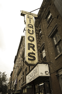 Old liquor store shop front and sign, Chelsea, Manhattan, New York City, New York, United States of America, North America