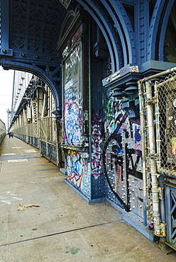 Pedestrian walkway and graffiti, Manhattan Bridge, New York City, New York, United States of America, North America