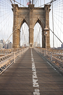 Early morning on Brooklyn Bridge, New York City, New York, United States of America, North America