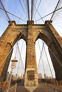 Early morning on Brooklyn Bridge, New York City, New York, United States of America, North America