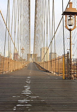 Early morning on Brooklyn Bridge, New York City, New York, United States of America, North America