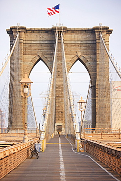 Early morning on Brooklyn Bridge, New York City, New York, United States of America, North America