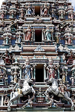 Hindu gods adorn the five storey Raja Gopuram, Sri Mahamariamman Hindu Temple, Kuala Lumpur. Malaysia, Southeast Asia, Asia