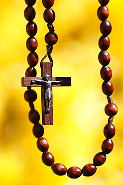 Wooden rosary against yellow broom flowers, France, Europe