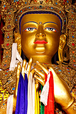 Golden Sakyamuni Buddha in a cloister prayer hall, Kathmandu, Nepal, Asia