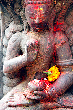 Buddha statue, Buddhist shrine in the street, Kathmandu, Nepal, Asia