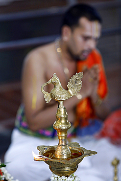 Sri Srinivasa Perumal Hindu temple, Hindu priest (Brahmin) performing puja ceremony and rituals, oil lamp, Singapore, Southeast Asia, Asia