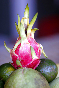 Food buffet in a restaurant, fresh fruits and dragon fruit, Dalat, Vietnam, Indochina, Southeast Asia, Asia