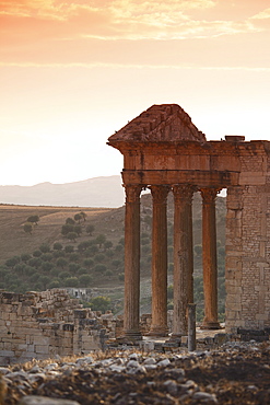 The Capitol at sunset in the Roman ruins, Dougga Archaeological Site, UNESCO World Heritage Site, Tunisia, North Africa, Africa