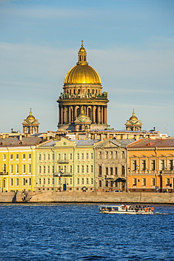 City center of St. Petersburg from the River Neva at sunset with the St. Isaac cathedral in the background, Russia, Europe