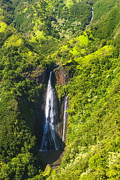 Aerial view of Manawaiopuna Falls, also known as Jurassic Park Falls in the interior of Kauai, Hawaii, United States of America, Pacific