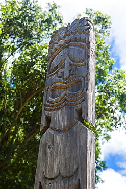 Wooden art statue on the Wailua river. Kauai, Hawaii, United States of America, Pacific