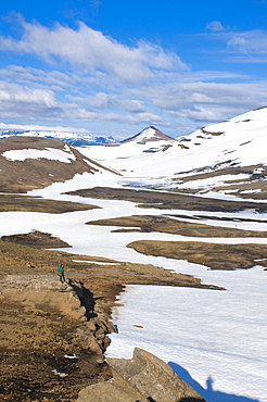 Walkers in mountain landscape covered with ice, Snaefellsjokull National Park, Iceland, Polar Regions